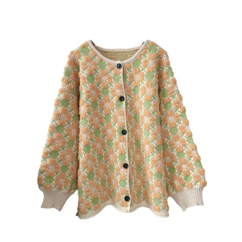 Sweet Flower Color Collision Loose Sweater Jacket Women's Autumn and Winter Retro Literary Knitted Cardigan