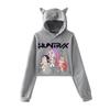 KPop Demon Hunters Cartoon Printed Cat Ear Hoodie Women Long Sleeve Cropped Sweatshirts Female Casual Streetwear Crop Tops