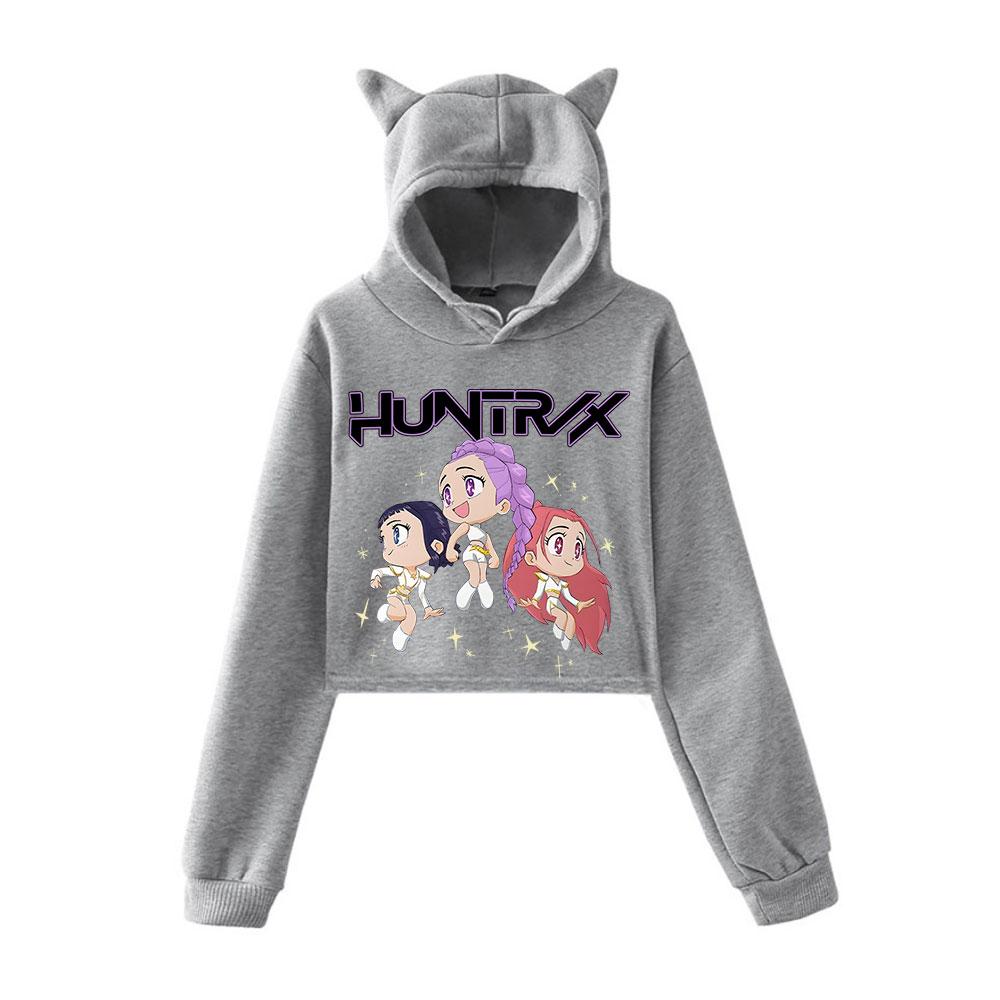 KPop Demon Hunters Cartoon Printed Cat Ear Hoodie Women Long Sleeve Cropped Sweatshirts Female Casual Streetwear Crop Tops