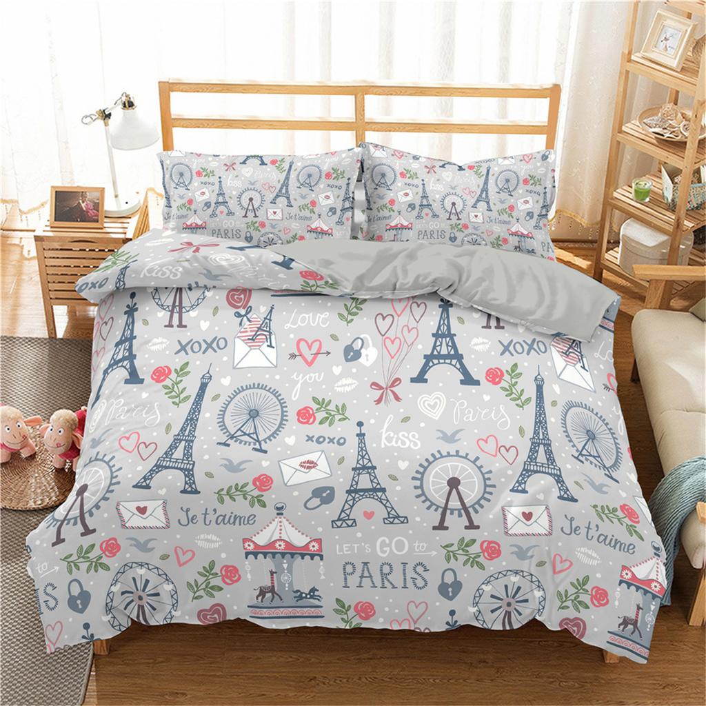 Eiffel Tower Duvet Cover Set King Paris Eiffel Tower Themed Bedding Set Polyester Cityscape Romantic Pink Love Heart Quilt Cover