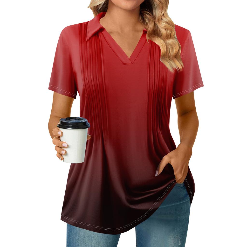 Womens Short Sleeve T Shirts Pleated V Neck Printing Tee Collared Summer Tops Fashion Business Casual Work