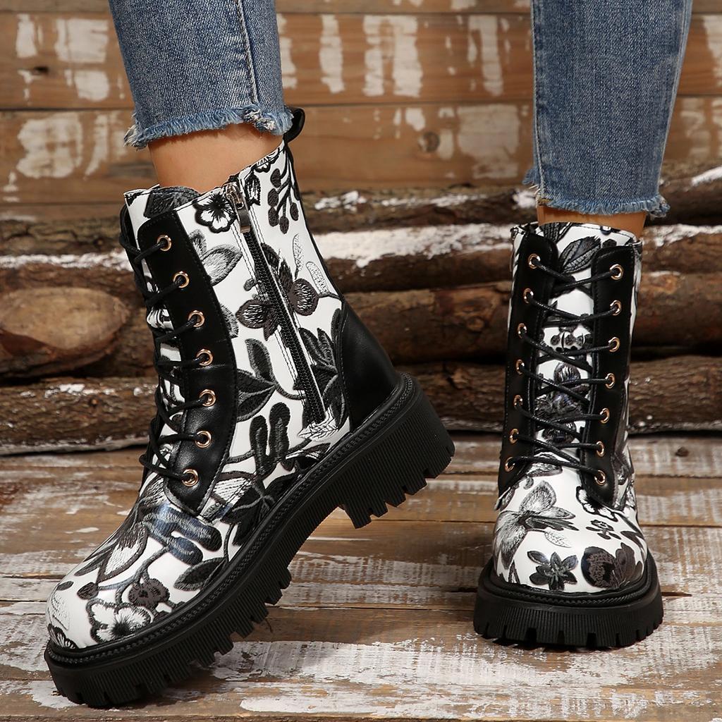 Fashion 2025 Autumn New Color Blocked Fashion Ankle Boots Women's Printed Graffiti  Side Zipper Thick Heeled Women Shoes Platform Botine