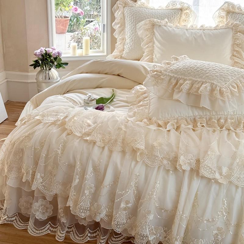 4 Pieces Premium French Princess Style Cotton 100% Bedding Set Large Duvet Cover Queen King Size Pillowcase Bed Sheet Summer