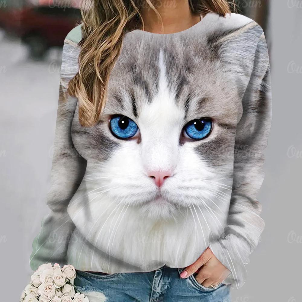 Women's Cat Big Head Cute Print Long Sleeve T-shirt Casual Loose Pullover Female Streetwear Cute Tops Fashion Trend