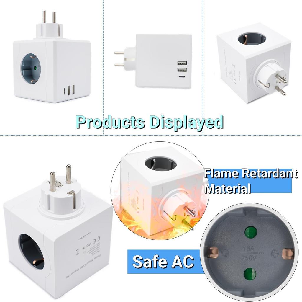 3680W 250V EU Plug Multifunction Adapter Cube Multi-Plug Extension Wall Outlet with 2 USB Charging Ports 3 AC Portable Sockets