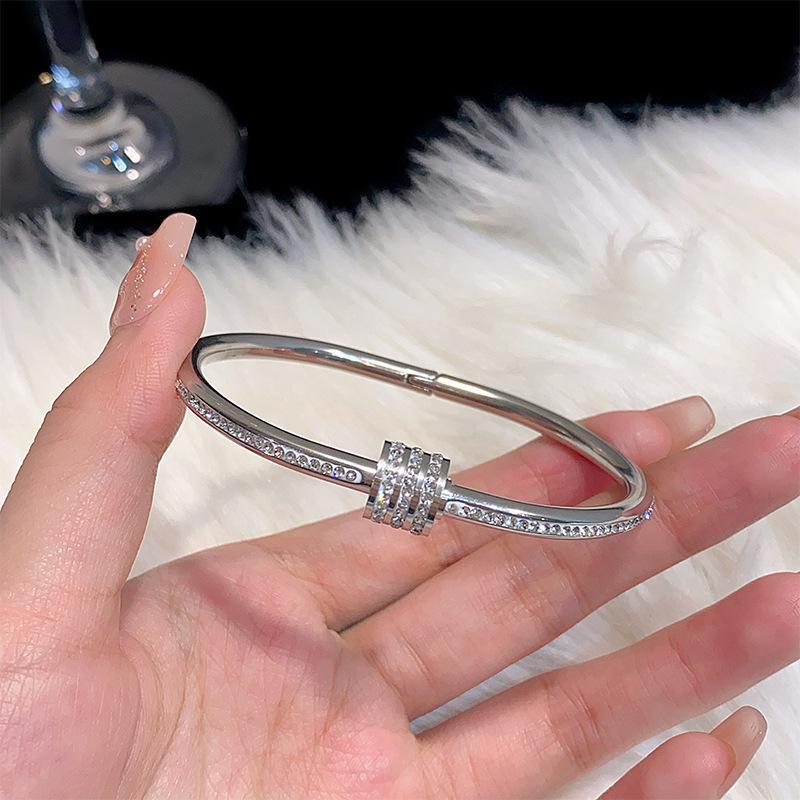High-End Women's Silver Titanium Steel Zircon Bangle Bracelet