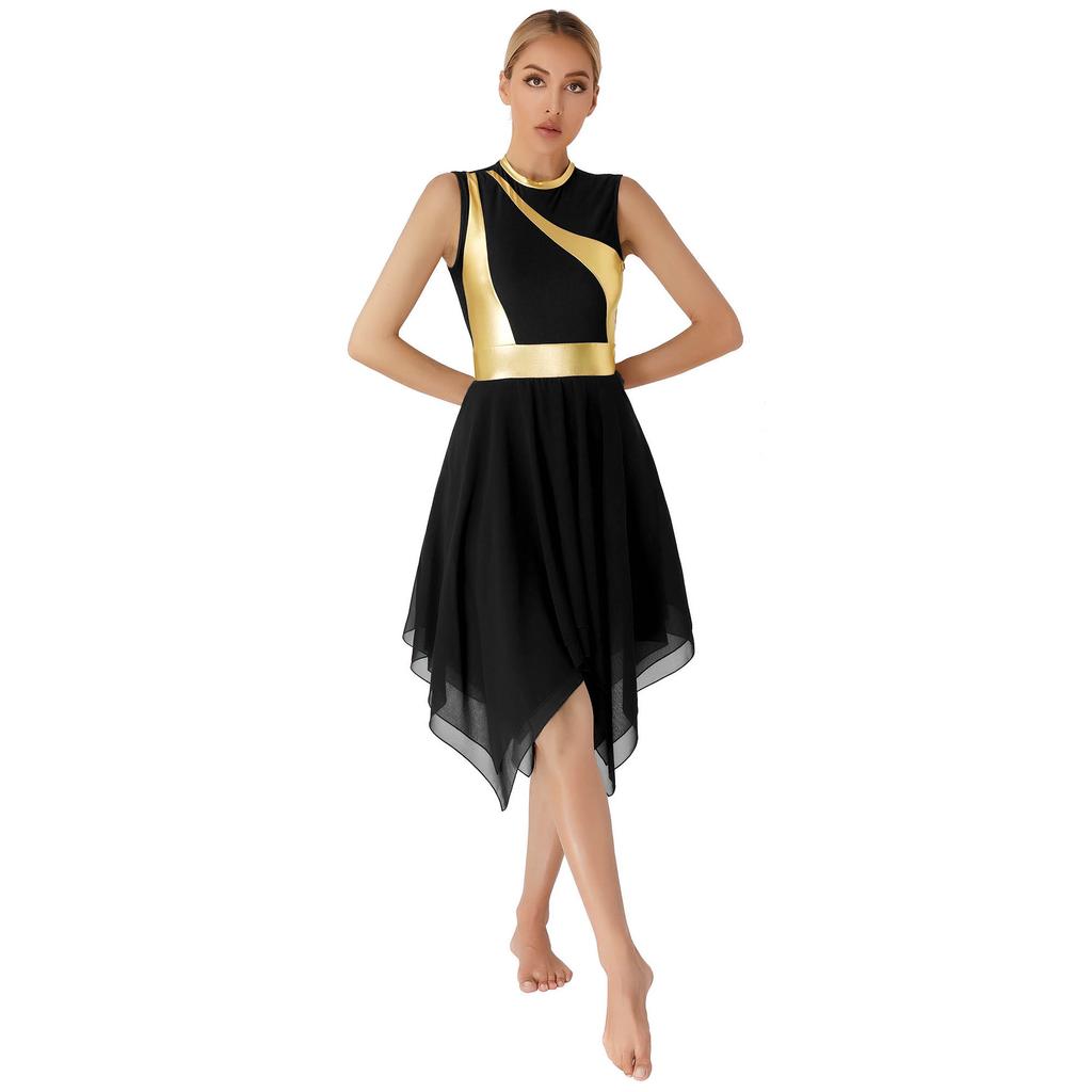 Womens Modern Lyrical Dance Costume Color Block Patchwork Sleeveless Irregular Hem Dress Dancewear