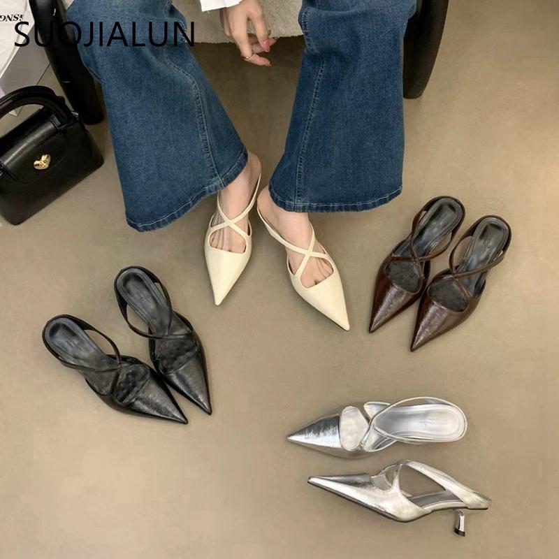 Fashion SUOJIALUN 2025 New Brand Women Slipper Fashion Pointed Toe Slip On Ladies Elegant Mules Shoes Thin Low Heel Outdoor Dress Pumps