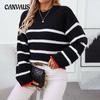 Plus Size Autumn and Winter Sweater Patchwork Stripe Pullover Crew Neck Knit Sweater