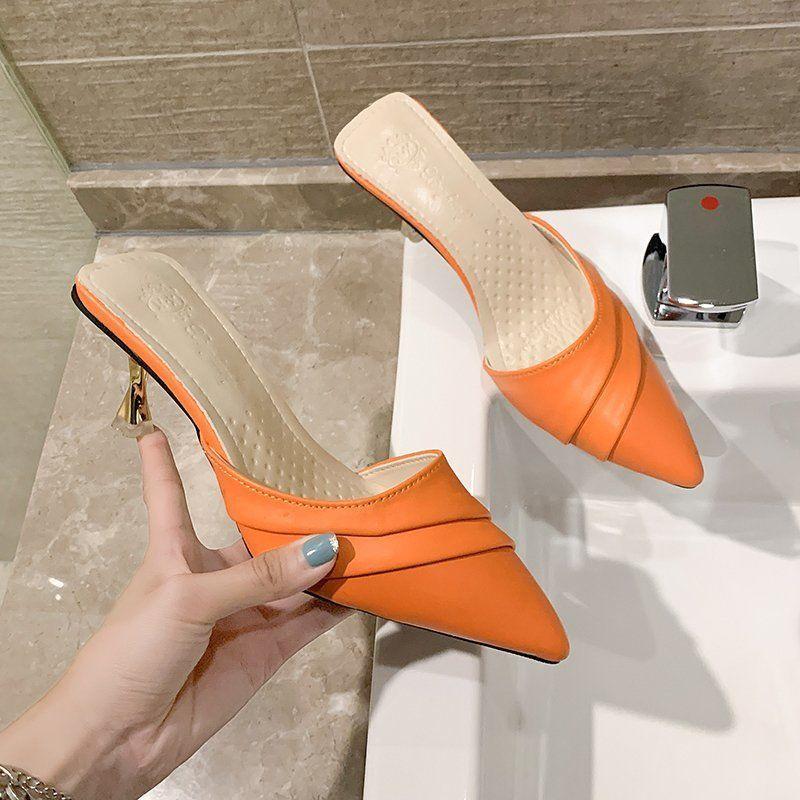 Women's Slippers and Ladies Sandals Pointed Toe Slides Outside Summer 2024 Heeled Green Shoes Mules Rubber H Sandal Korea Style