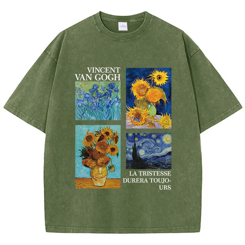 Cotton Women Acid Wash T-Shirts Van Gogh La Tristesse Durera Toujours Prints Tees Oversize O-Neck Distressed Tops