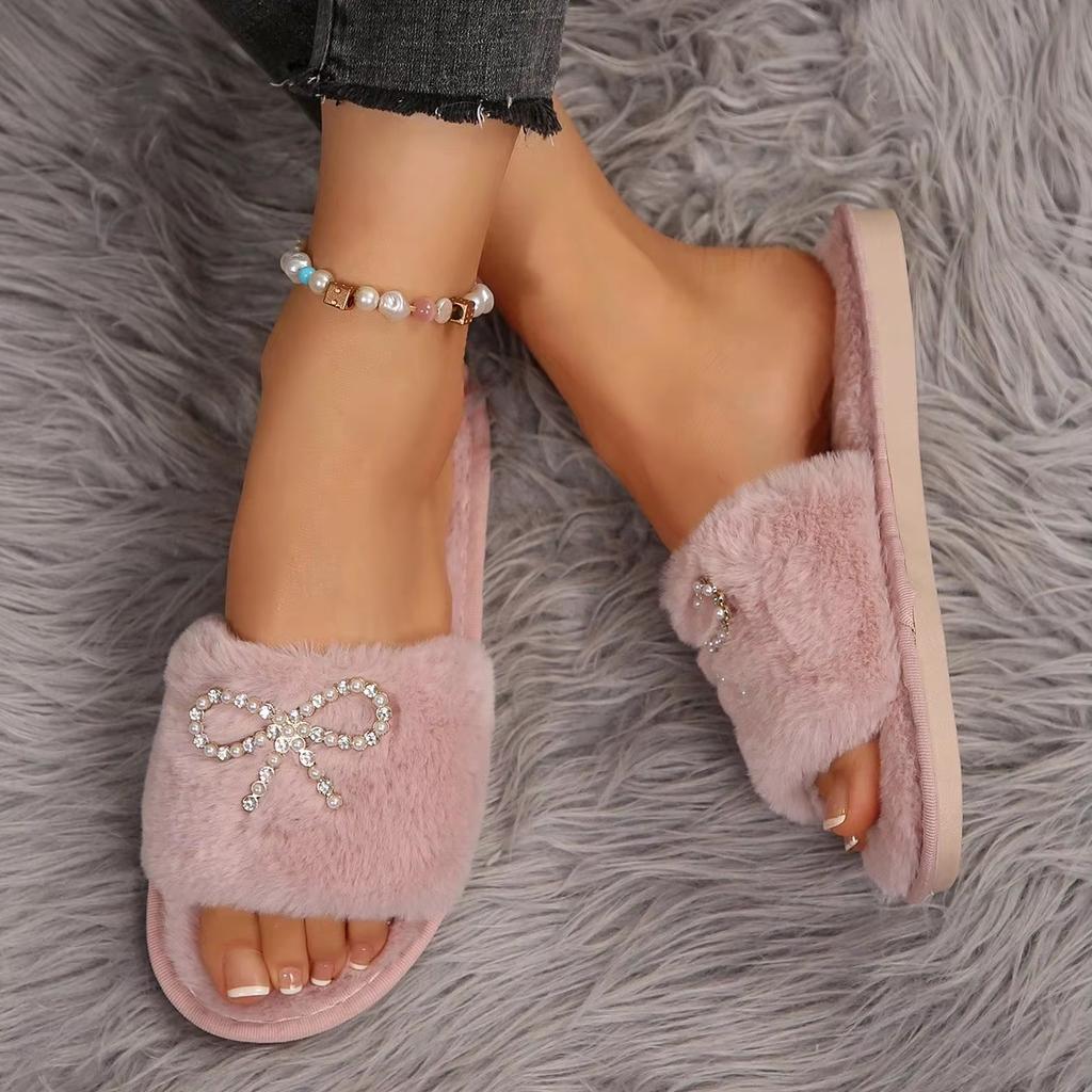 Lovely Fashion Slippers Female Slides Daily Flat Low Heels Shoes Woman Bright Diamond Butterfly-knot Winter Shoes Plus Size