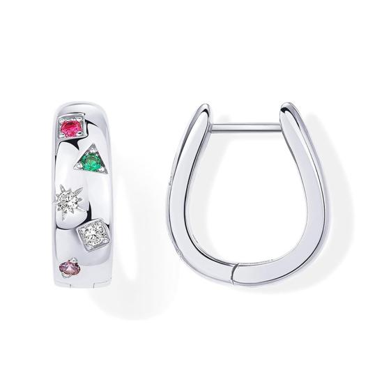 1 Pair Huggie Earrings Multi-shaped Colorful Rhinestone Polished Metal U-Shaped Lightweight Ear