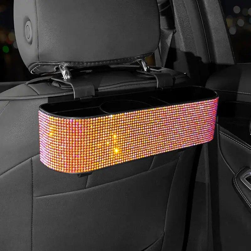 Fashion Diamond Car Seat Back Storage Box Organizer Water Cup Tissue Paper Holder Beverage Rack Bling Car Accessories for Woman