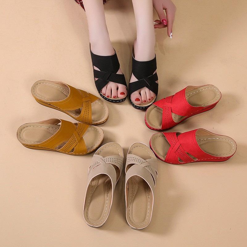Foreign Trade Large Size 2025 Summer New Slope Heel Middle Heel Open Toe Cross Solid Color 35-43 Size Women's Slippers
