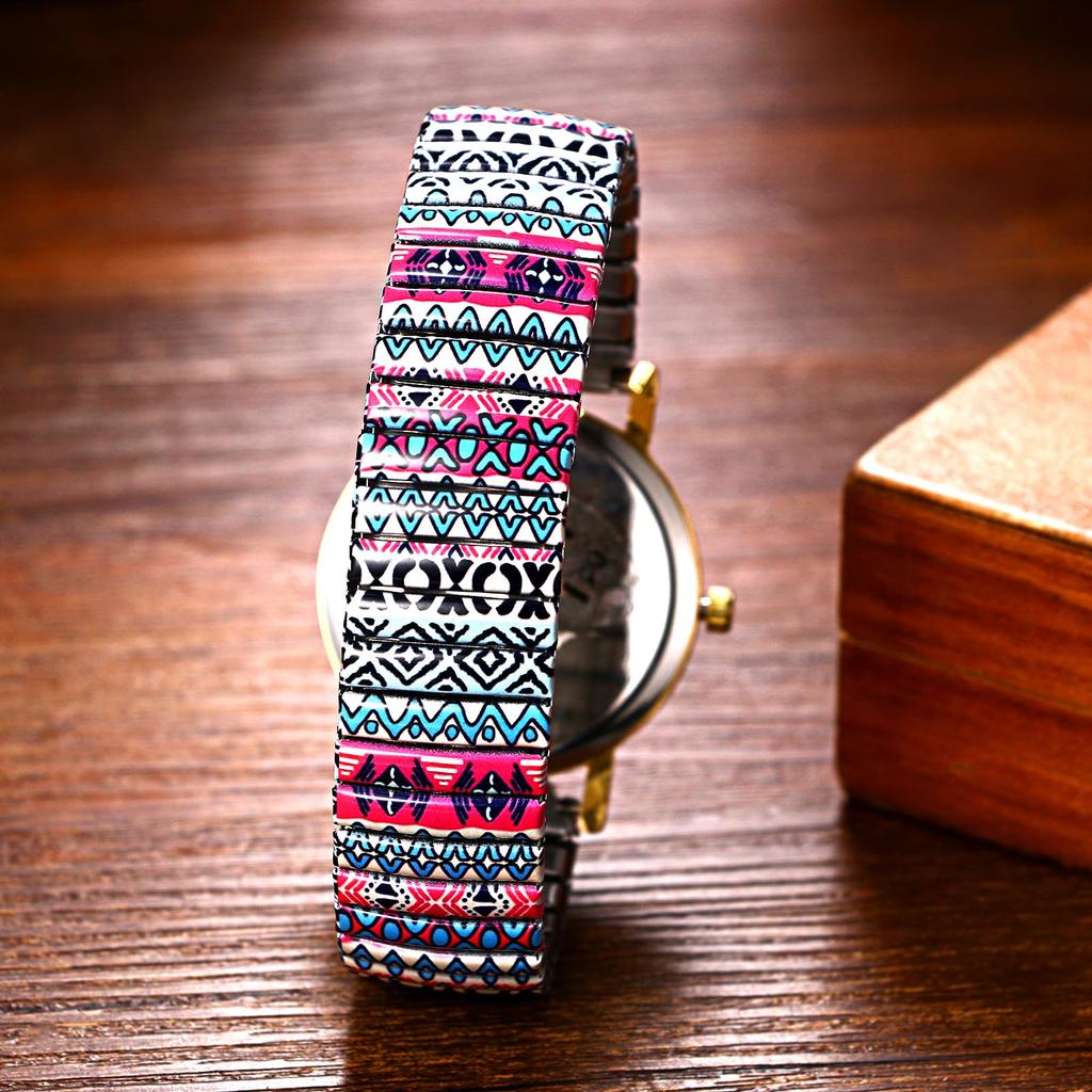 Bohemian Watch with Elastic Strap and Arabic One Size Fits Floral Waterproof Quartz Watch with Stretchable Stainless Steel Analog Colorful Ethnic