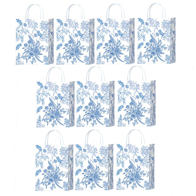 10pcs Blue & White Shopping Paper Gift Bags Elegant Porcelain Floral Tote Bags Chinese With Twine Handles Weddings