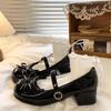 Round Head Cute Bow Lo Shoes Mary Jane Women 2024 Spring New Super Fairy Temperament Sweet Thick Heel Small Leather Shoes