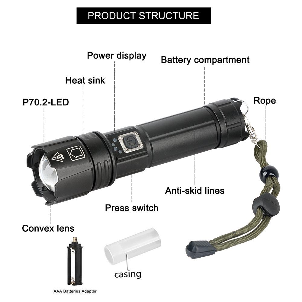 Super Bright P70 Strong Light Flashlight Aluminum 5 Levels Alloy Long-range Waterproof 5V USB Rechargeable Outdoor Flashlight
