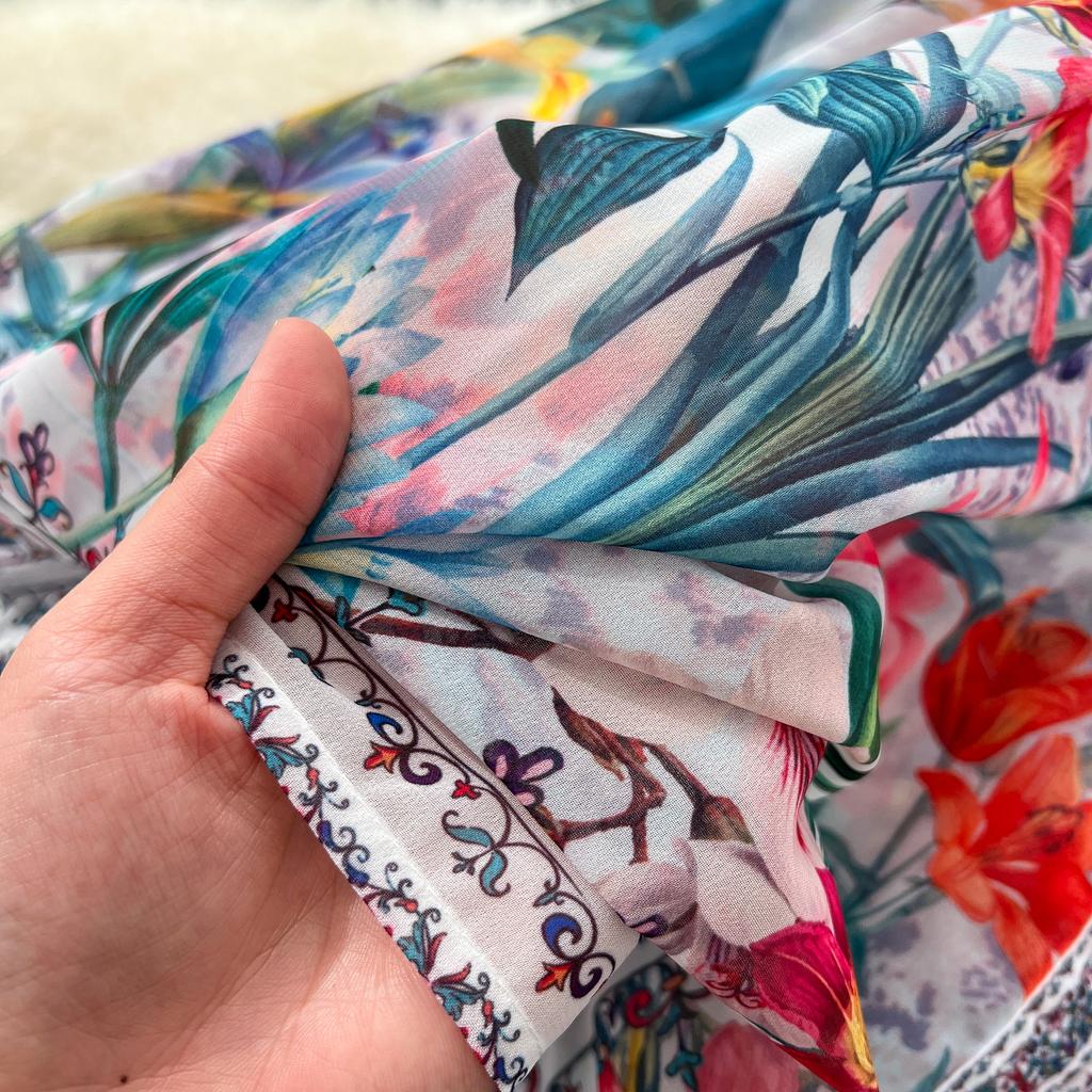 Bohemian Floral Chiffon Summer Dresses for Women 2025 Runway V-Neck Long Lantern Sleeve Sashes Beach Holiday Dressess Boho Robe