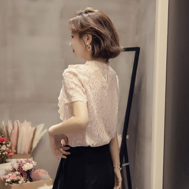Lace Shirt Women's Summer Korean Version Fairy Style Short Sleeved Hollow Out Small Shirt Temperament Chiffon Top