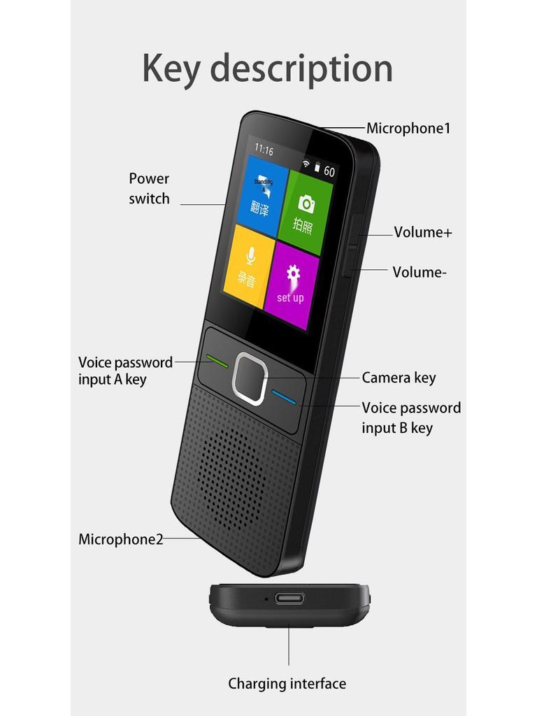 T10 Smart Voice Translator with 14 Offline Languages, Supports 138 Languages, Wi-Fi, Photo, and Recording Features.