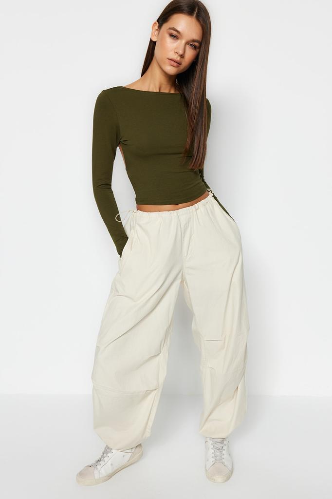 Women's Fashion New Blouse Black Deep Back Low-cut Fitted Cotton Stretchy Knitted Blouse