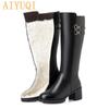 Women Genuine Leather  Winter Wool High Heel High Boots  Big Size Warm Snow Boots Women