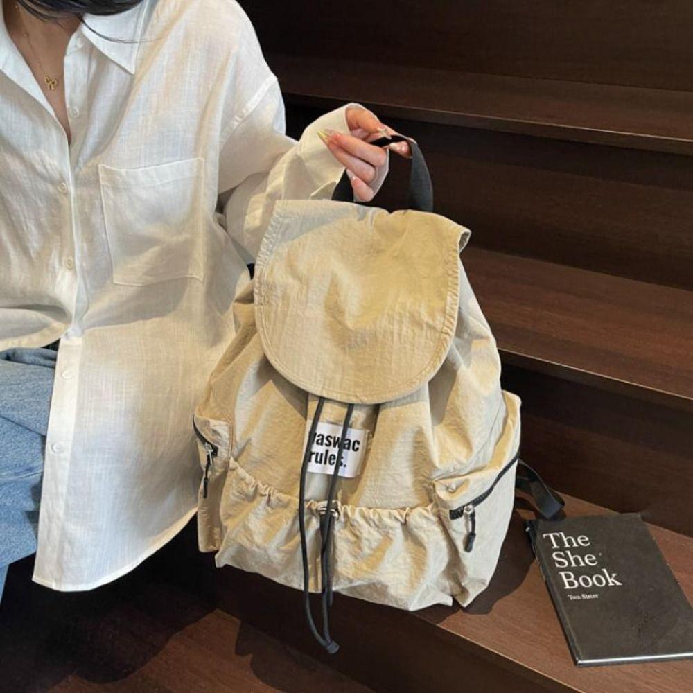 Solid Color Ruched Shoulder Bags Nylon Student Schoolbag Simple Drawsting Backpacks Outdoor