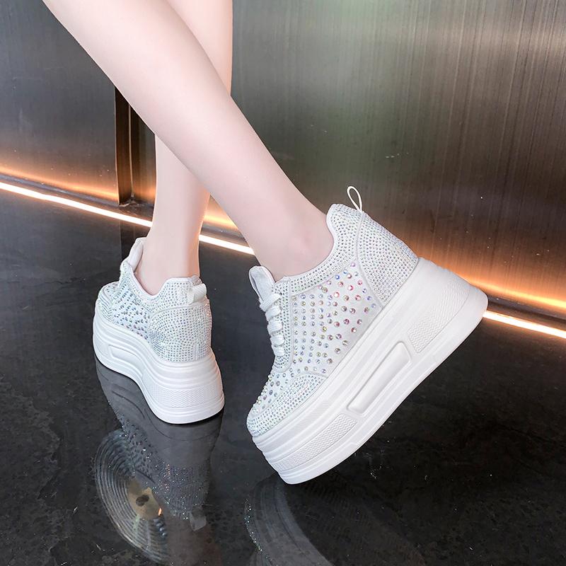 Fashion 10cm Crystal Synthetic Microfiber Chunky Sneakers Women Shoes Platform Wedge Hidden Heels Sandals Leather Pumps Flats