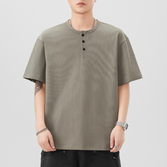 New Summer Short-sleeved T-shirt Men's Button Pullover T-shirt Japanese Five-quarter Sleeve Loose
