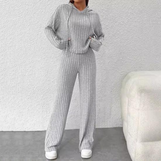 2 Pcs/Set Women Hoodie Pants Suit Drawstring Thread Long Sleeves Solid Color
