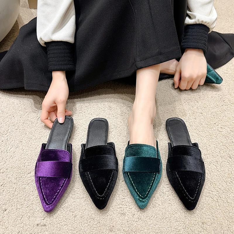 Fashion New Flats Mules Shoes Pointed Toe Women Slippers New Suede Summer Flip Flops  Casual Walking Fashion Slides Female Zapatillas