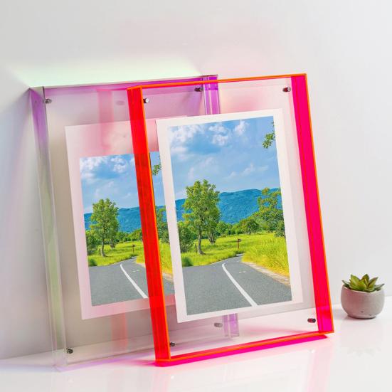 Floating Photo Frame Horizontal Vertical Neon Acrylic Home Gallery Office Wall Mount Desktop Standing Decorative Picture Poster Display Frame