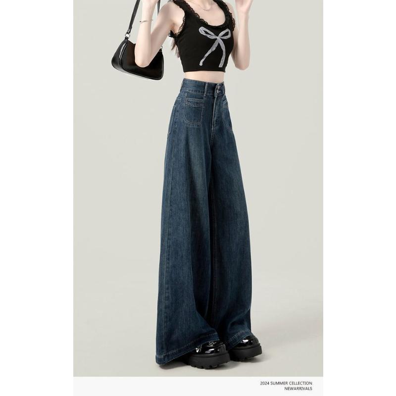 2025 Dark Blue High Waist Wide Leg Jeans Women's Summer Versatile Slimming Fall Clothes Loose Straight Pants Spring and Autumn