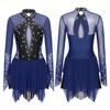 Women Shiny Rhinestone Figure Skating Dress Ballet Rhythmic Gymnastics Lyrical Dance Costume Long Sleeve Sheer Mesh Leotard Dress