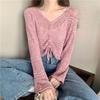 Girl's Hollow Out Solid V-Neck Knitwear Spring Long Sleeve Loose Thin Casual Knitted Tops Drawstring Sunscreen Pullovers