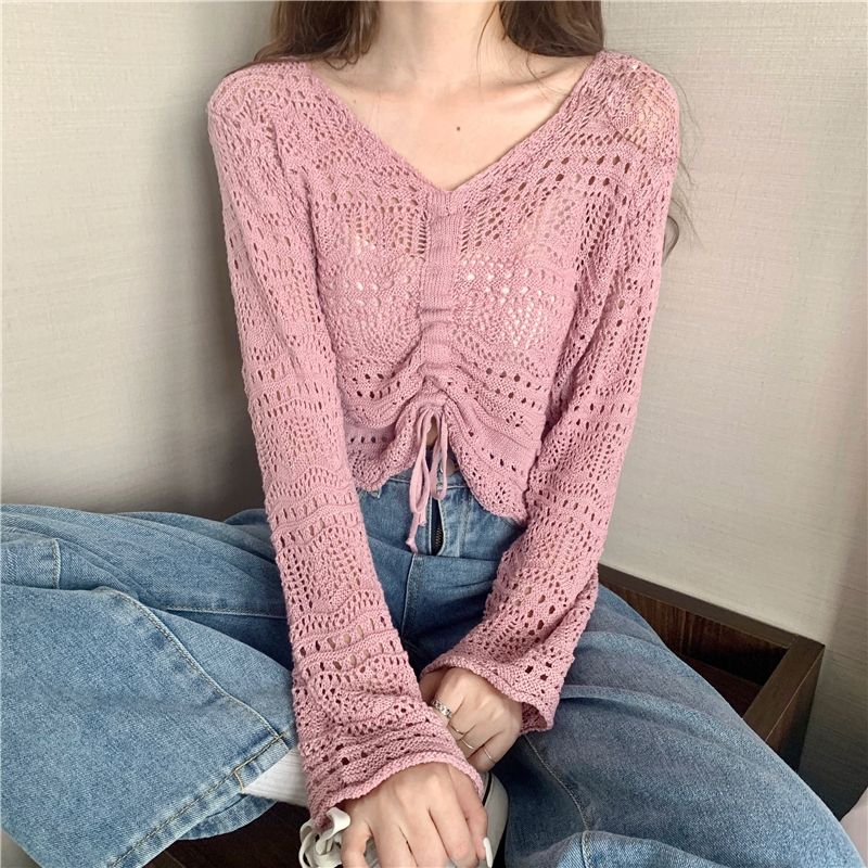 Girl's Hollow Out Solid V-Neck Knitwear Spring Long Sleeve Loose Thin Casual Knitted Tops Drawstring Sunscreen Pullovers