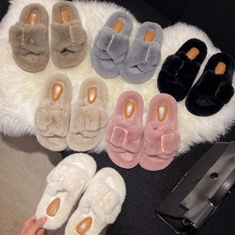 Women's Slippers 2024 New Casual Plush Fluffy Slippers Solid Color Indoor Warm Home Fashion Belt Buckle Outdoor Cotton Slippers