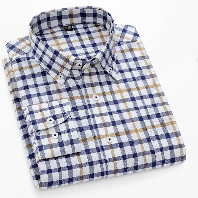 Pure Cotton Long Sleeve Office Men Plaid Shirts Button Collar for Business Checked Design Comfortable Male Clothing with Chest Pocket