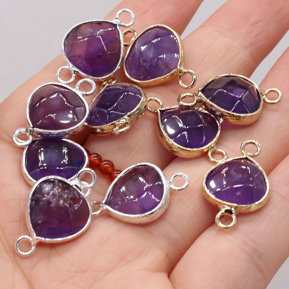 1Pc, Energy Natural Stone Amethyst Connector, Reiki Healing Purple Crystal Pendant Charms Heart Connectors for Jewelry Making DIY Necklace Accessories