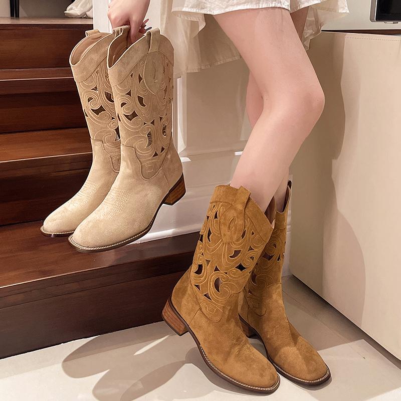 New Popular Hollow Embroidered Vintage Western Boots Women Autumn Chunky Heels Knee High Cowboy Boots Woman Leather Knight Boots