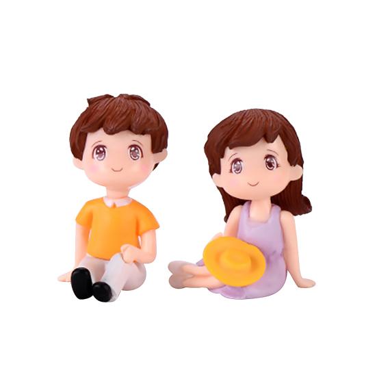 2Pcs Mini Girl Boy Sit Down Look Up Model Figurine Landscape Ornament DIY Decor
