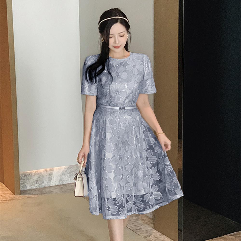 New Fashion Mesh Sequined Embroidery Short Dress Women Clothing Elegant Floral Pearl Belt Slim Casual Summer Dress