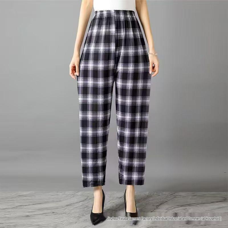 Casual Summer Women's Plus Size Ice Silk Stretch Pants - Loose, High Elastic Waist for Middle-Aged and Elderly