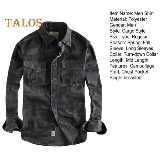 Spring Fall Men Shirt Camouflage Print Cargo Style Chest Pockets Wear-resistant Long Sleeves Turn-down Collar Button-down Outdoor Work Top