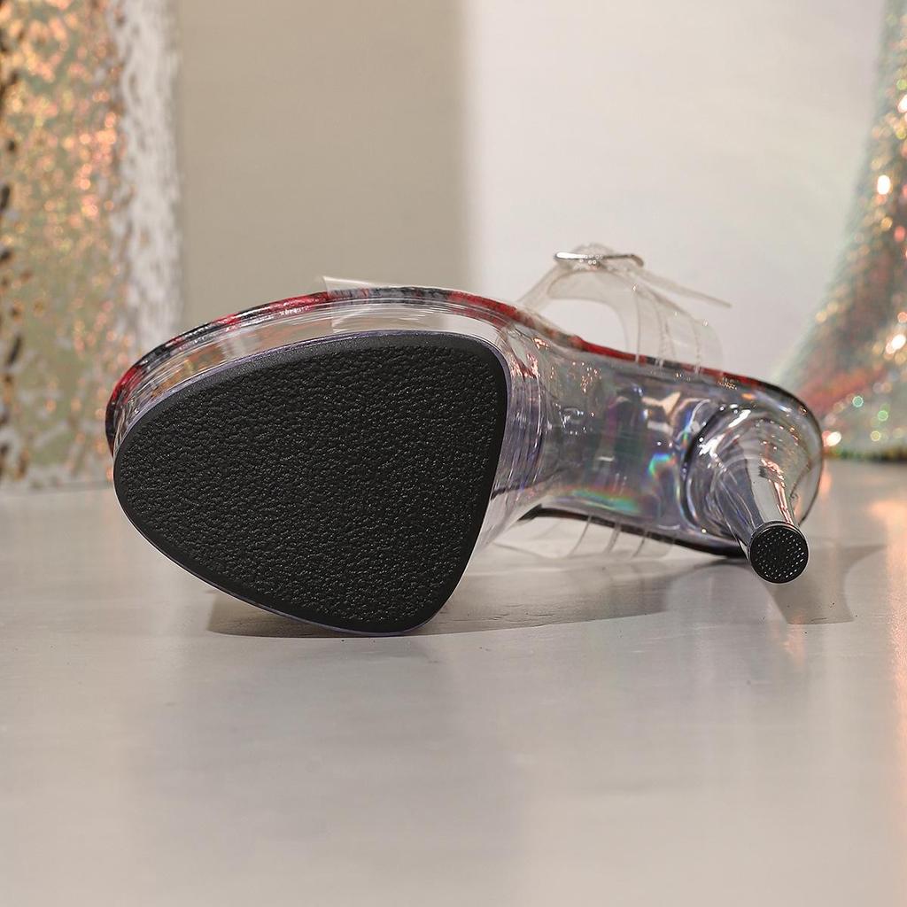 Женские босоножки на шпильке с кристаллами на одной лямке - Прозрачный леопардовый принт