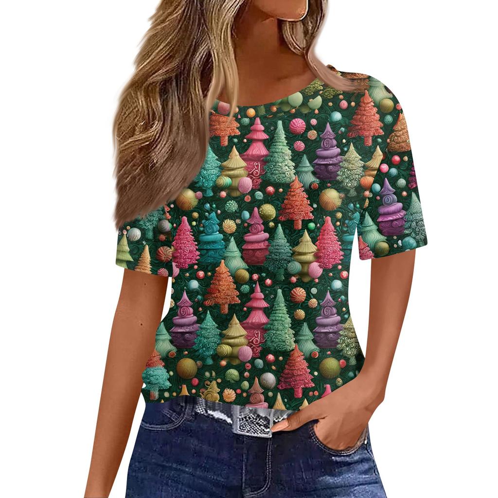 Women's Fashionable Casual Short Sleeve Christmas Print Round Neck Pullover Top