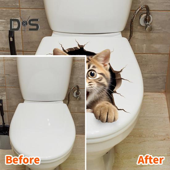 Through-wall Cat Toilet Sticker Waterproof Removable Self-adhesive PVC Living Room Bathroom Wall Art 3D Effect Simulation Kitten Toilet Seat Lid