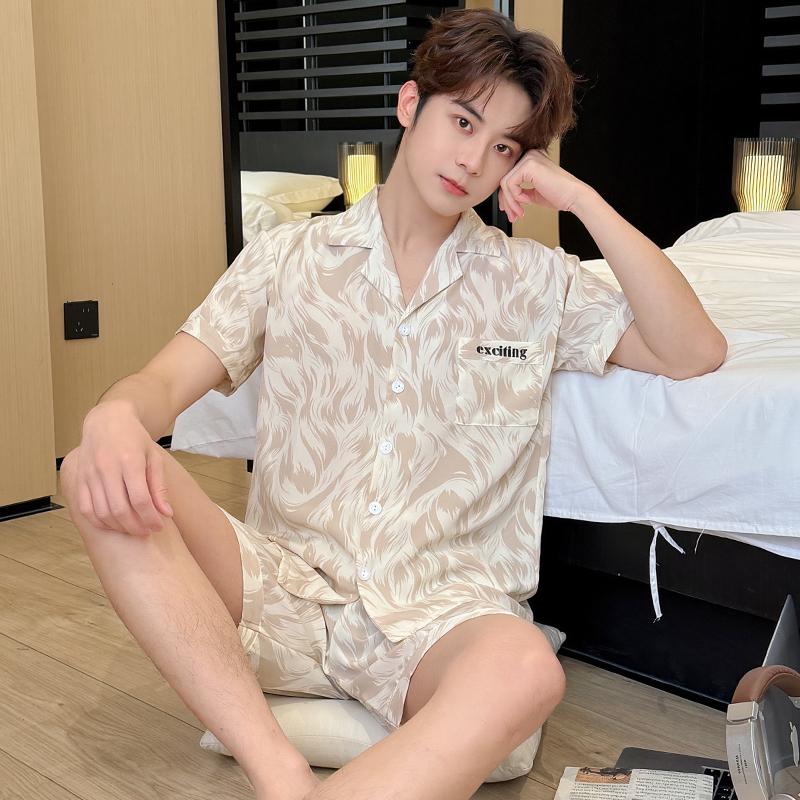 2025 Summer Thin Ice Silk Pajamas Men's Comfortable Short-sleeve Plus Size Home Wear Sleepwear Suit Teenagers Leisure Outdoor Can Be Worn Outside